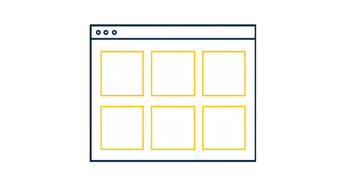 Mockup jendela browser menampilkan tata letak grid galeri portofolio dengan enam placeholder gambar