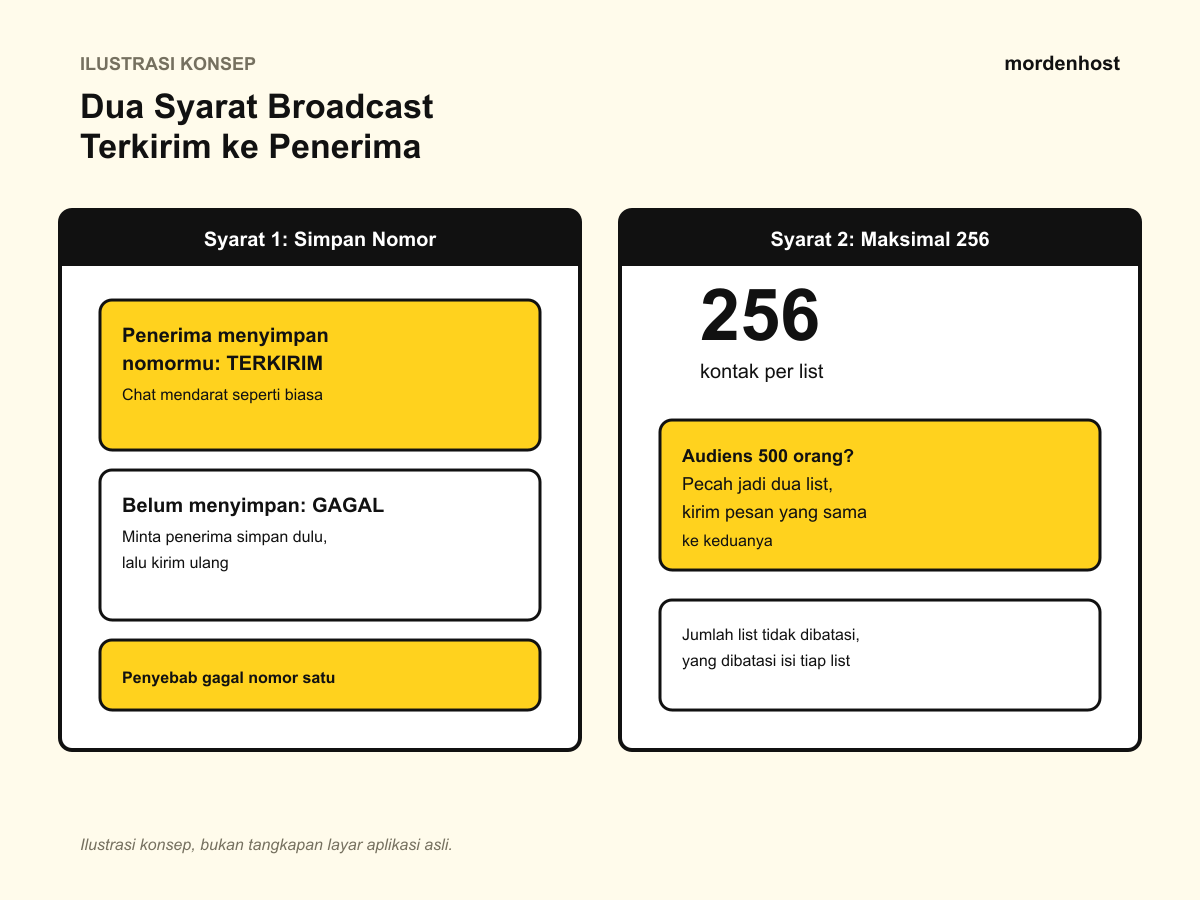 Ilustrasi konsep dua syarat broadcast terkirim yaitu simpan nomor dan batas 256 kontak