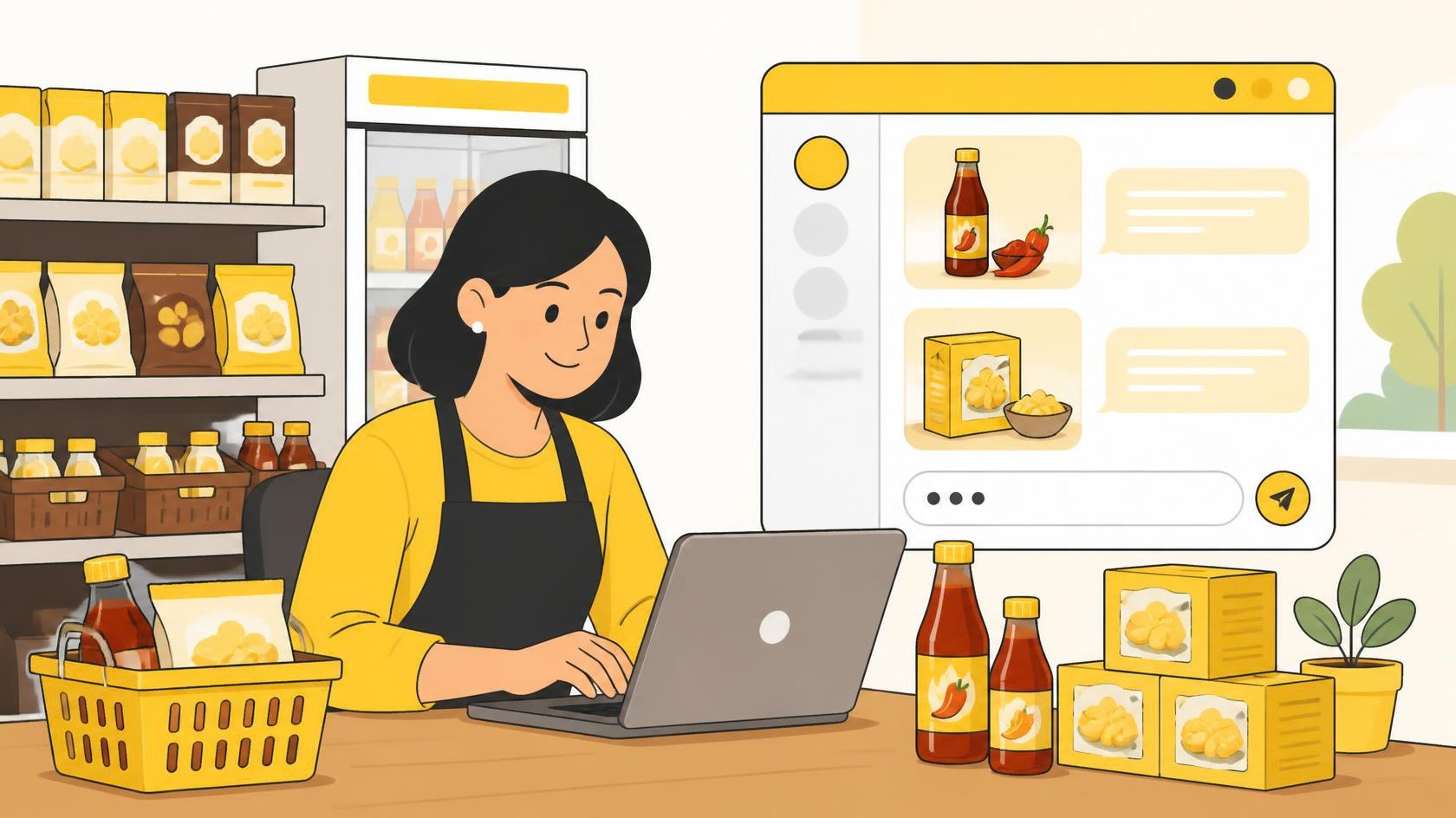 Ilustrasi pemilik UMKM menulis deskripsi produk dengan bantuan AI di laptop toko