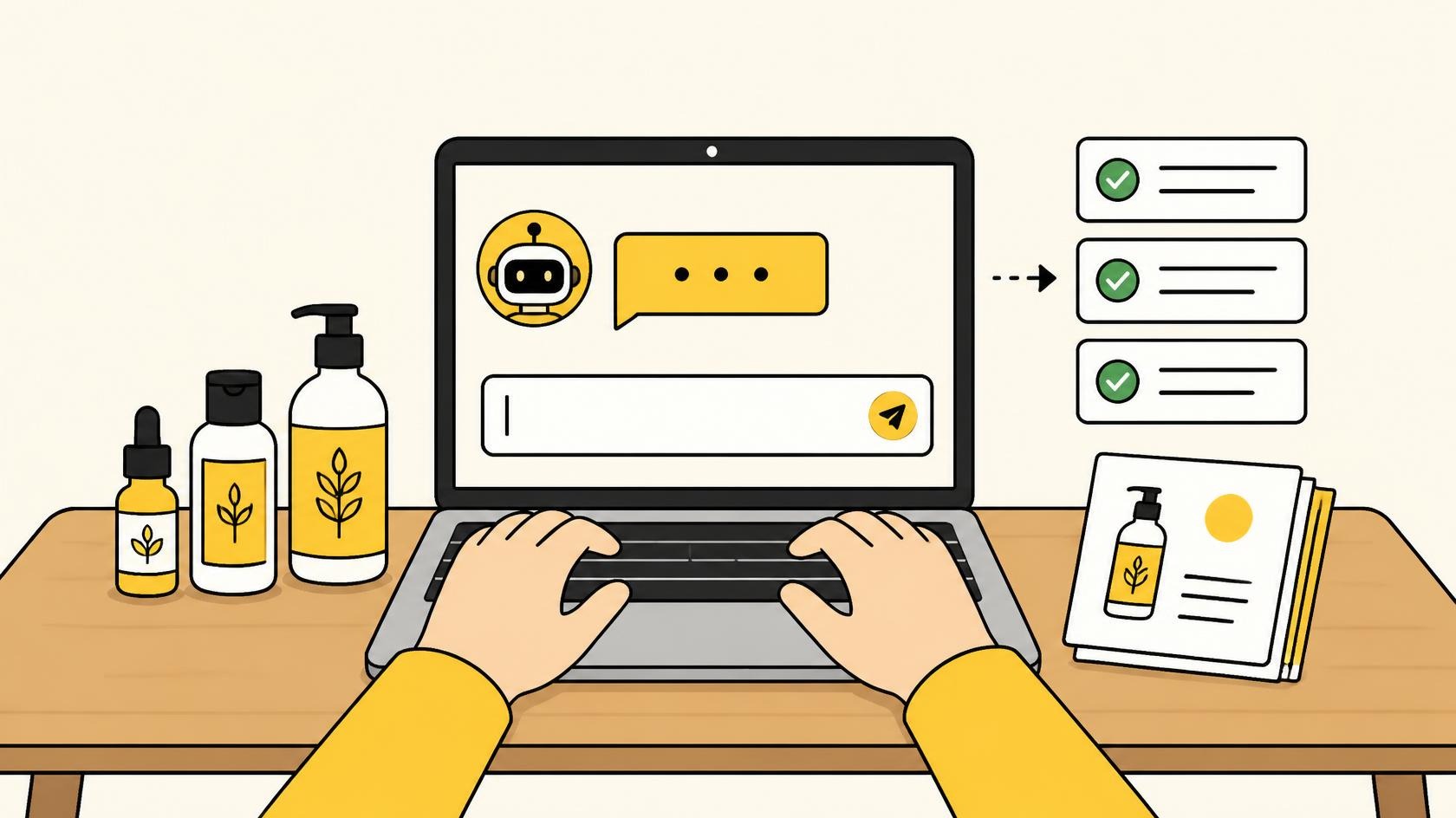 Ilustrasi AI chatbot menghubungkan katalog produk ke website toko online