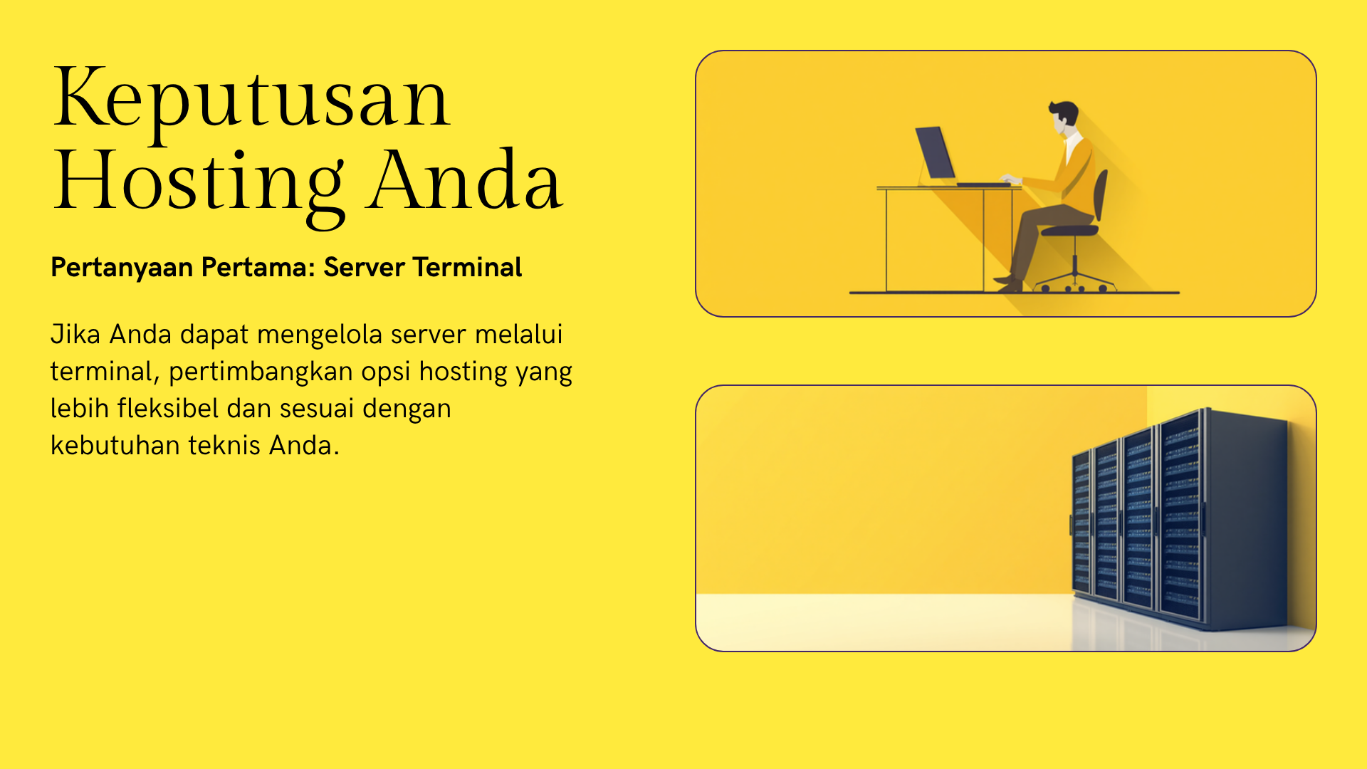 Bagan alur keputusan tiga pertanyaan bercabang yang mengarahkan pembaca ke cloud hosting atau VPS berdasarkan keahlian teknis, kebutuhan root, dan pola traffic