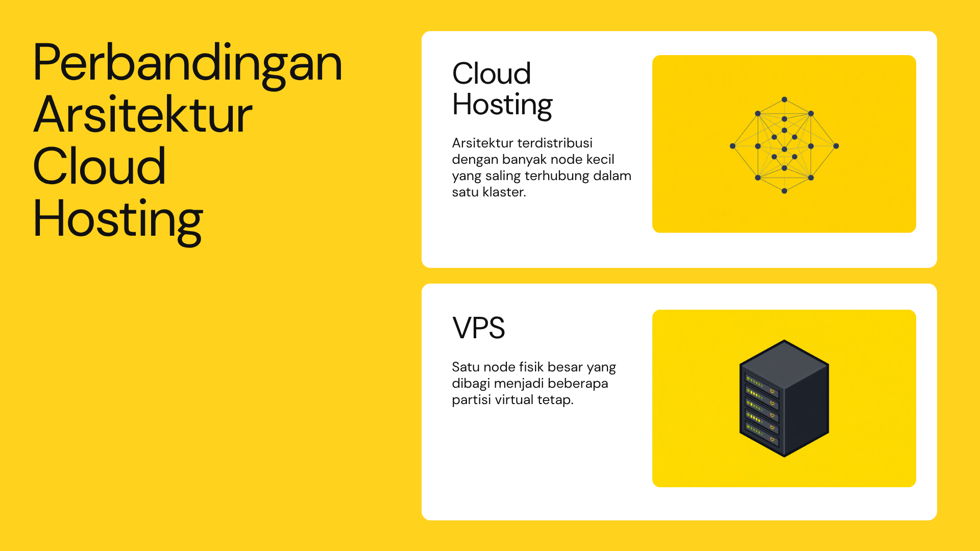 Diagram perbandingan arsitektur cloud hosting berupa banyak node kecil yang saling terhubung dalam klaster versus VPS berupa satu node fisik besar berisi partisi virtual tetap
