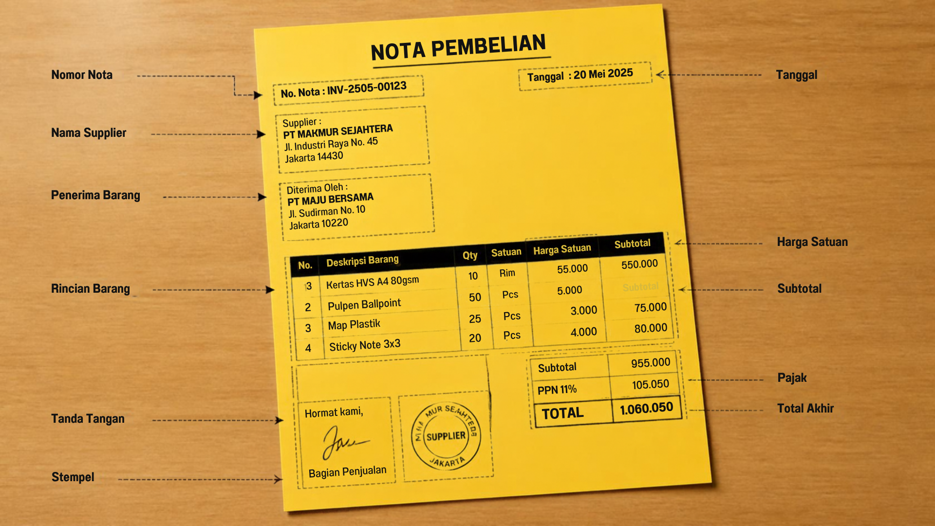 Diagram lembar nota pembelian dari supplier dengan garis penunjuk ke bagian nomor nota, tanggal, nama supplier, identitas penerima, rincian barang dan jumlah, harga satuan, subtotal, pajak, total akhir, serta tanda tangan dan stempel