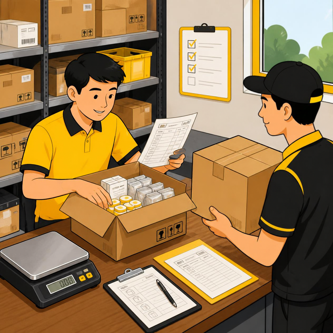 Staff toko memeriksa nota pembelian sambil mengecek isi kardus barang dari supplier di ruang penyimpanan