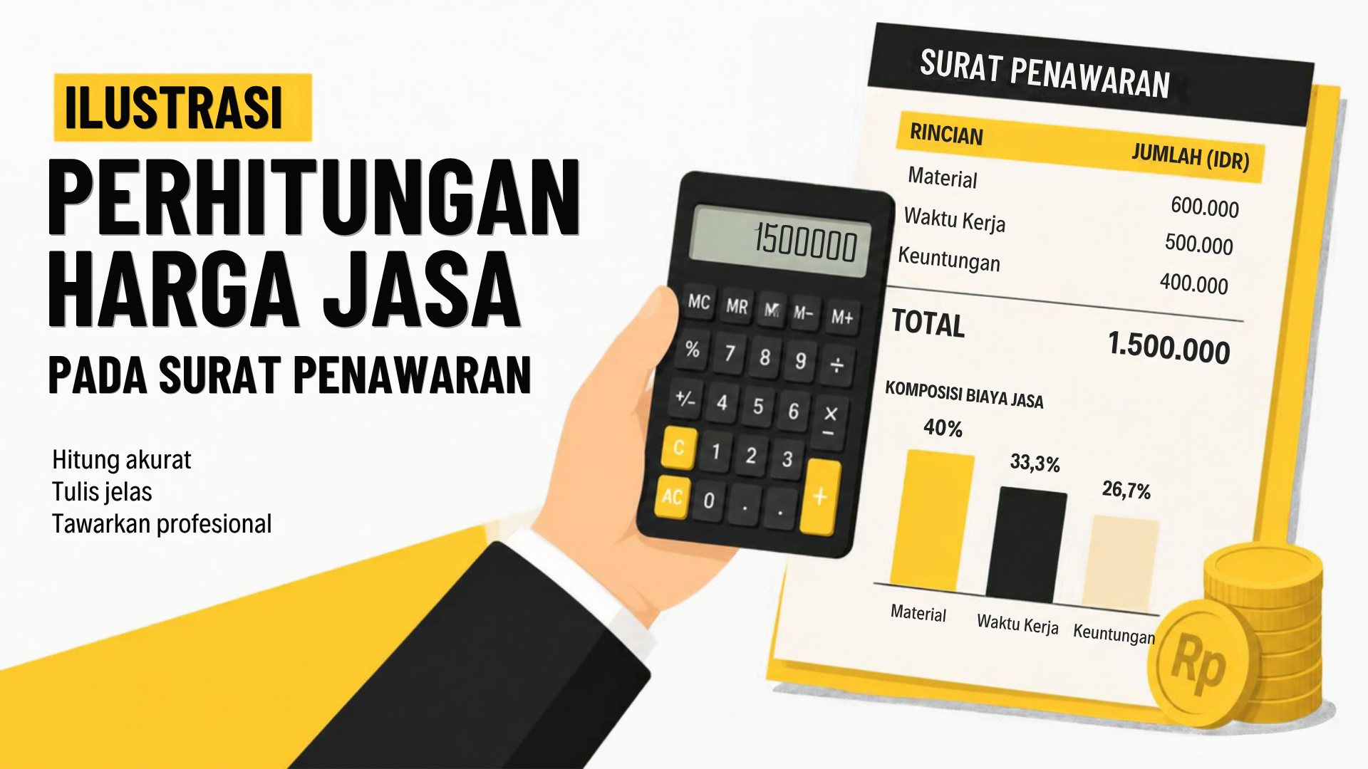 Ilustrasi perhitungan harga jasa dengan kalkulator dan rincian komponen biaya pada surat penawaran