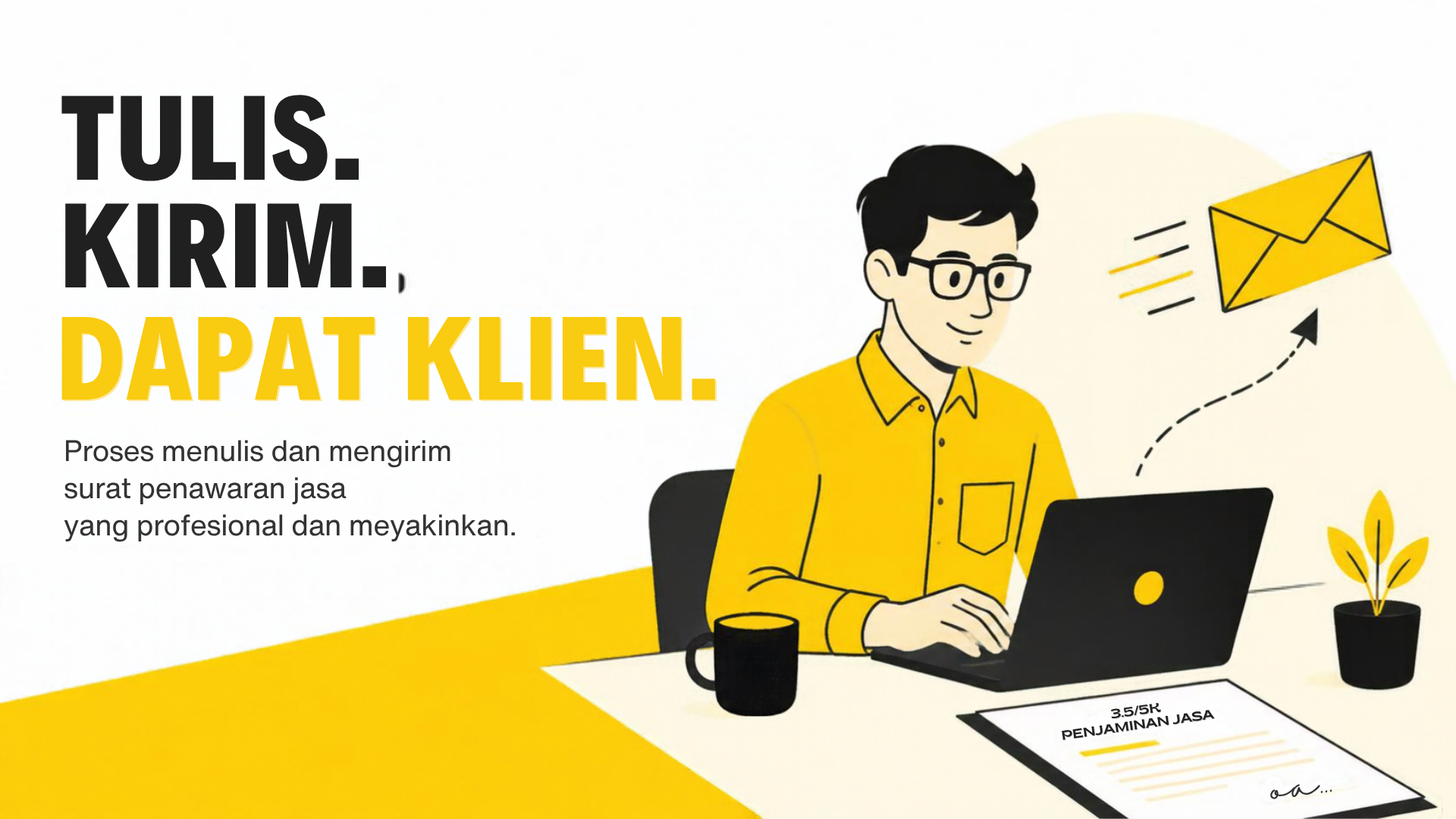 Ilustrasi freelancer menulis surat penawaran jasa di laptop lalu mengirimkannya ke klien