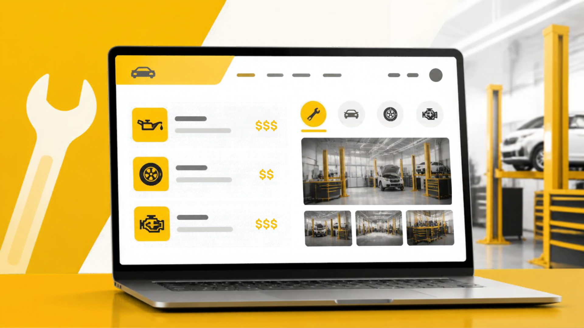 Ilustrasi antarmuka website bengkel di layar laptop dengan kartu menu layanan servis beserta harga, galeri foto bengkel, dan ikon kategori servis