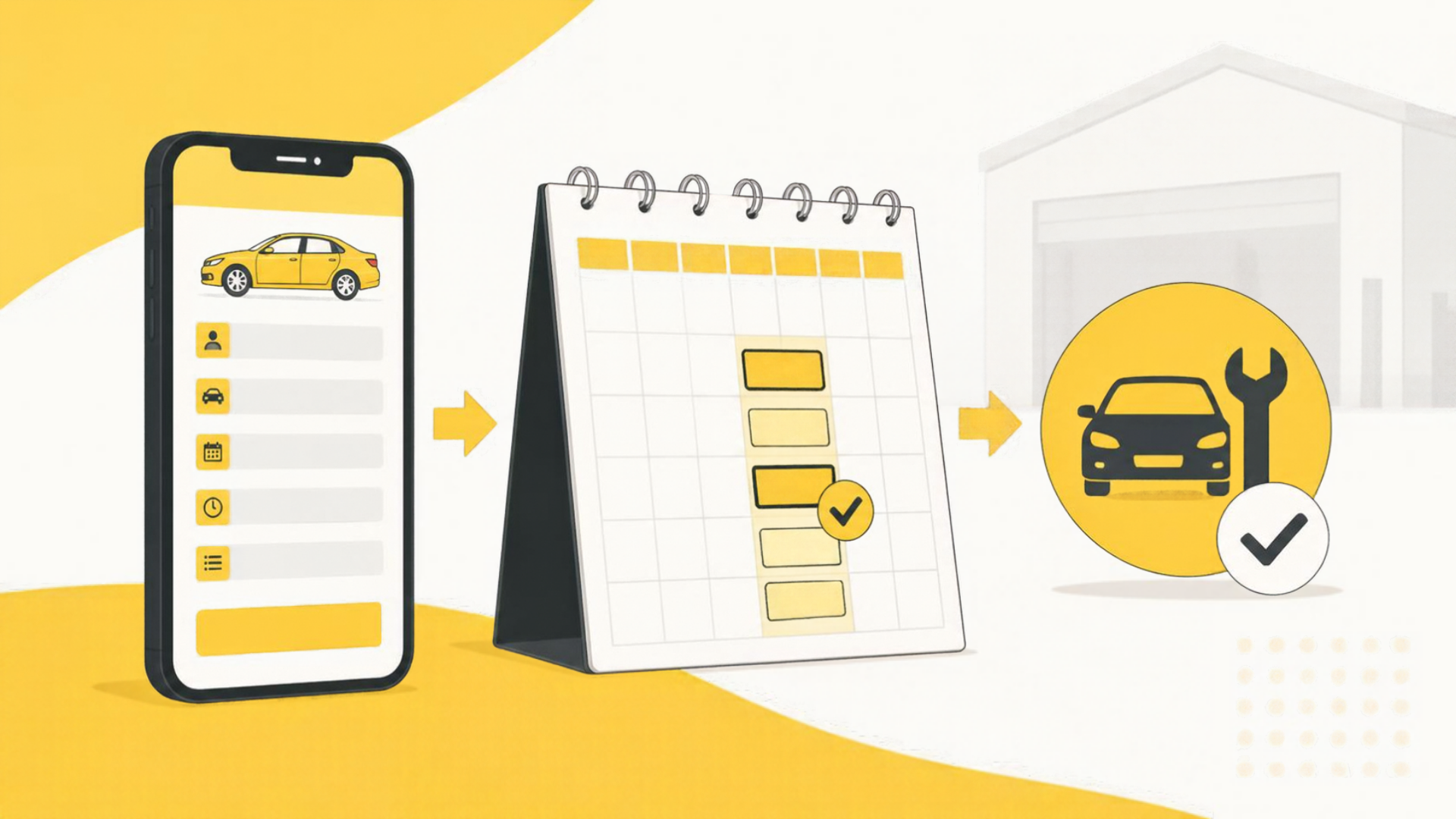 Ilustrasi alur pemesanan servis online dengan kalender jadwal mingguan penuh slot waktu, formulir booking di layar ponsel, dan ikon konfirmasi kunci pas serta mobil