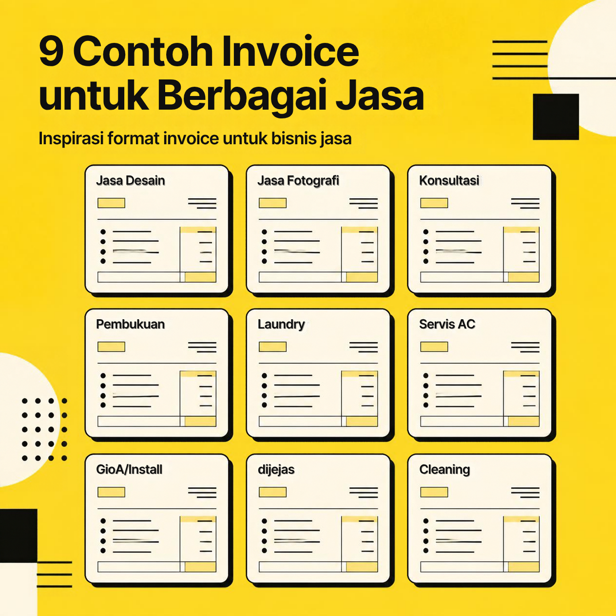 Ilustrasi sepuluh contoh invoice untuk berbagai jenis jasa seperti desain, fotografi, konsultasi, dan pembukuan