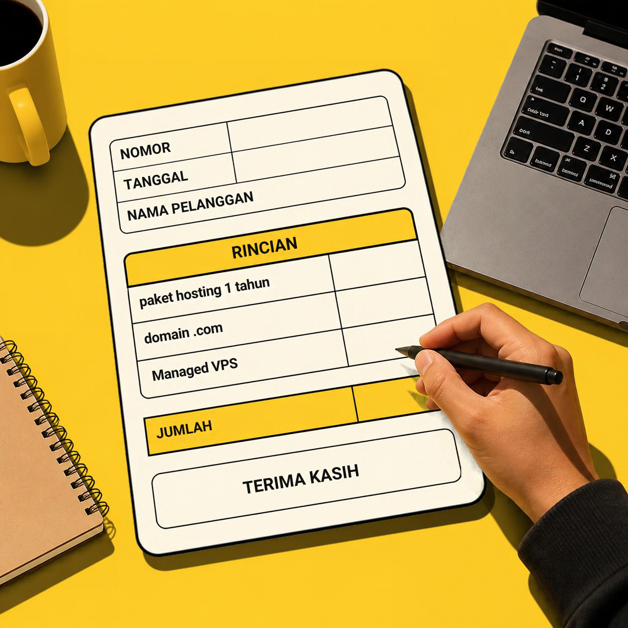 Ilustrasi elemen wajib dalam invoice: header perusahaan, nomor, tanggal, nama pelanggan, tabel rincian, jumlah, dan catatan terima kasih