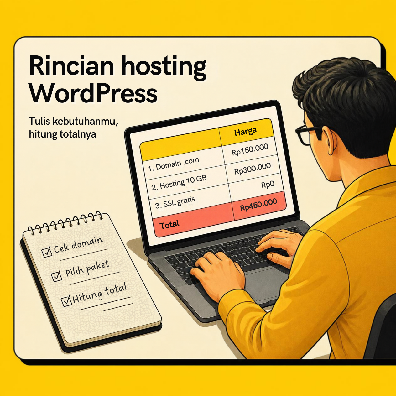Ilustrasi menulis rincian item dan jasa di dalam invoice, dari domain dan hosting sampai SSL dan total pembayaran