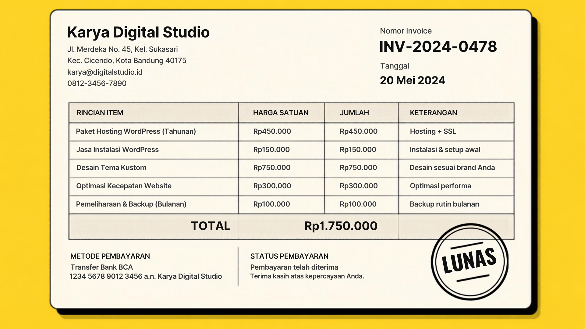Ilustrasi invoice tagihan usaha kecil yang memuat header perusahaan, nomor, tanggal, daftar tagihan, total, keterangan, dan stempel lunas
