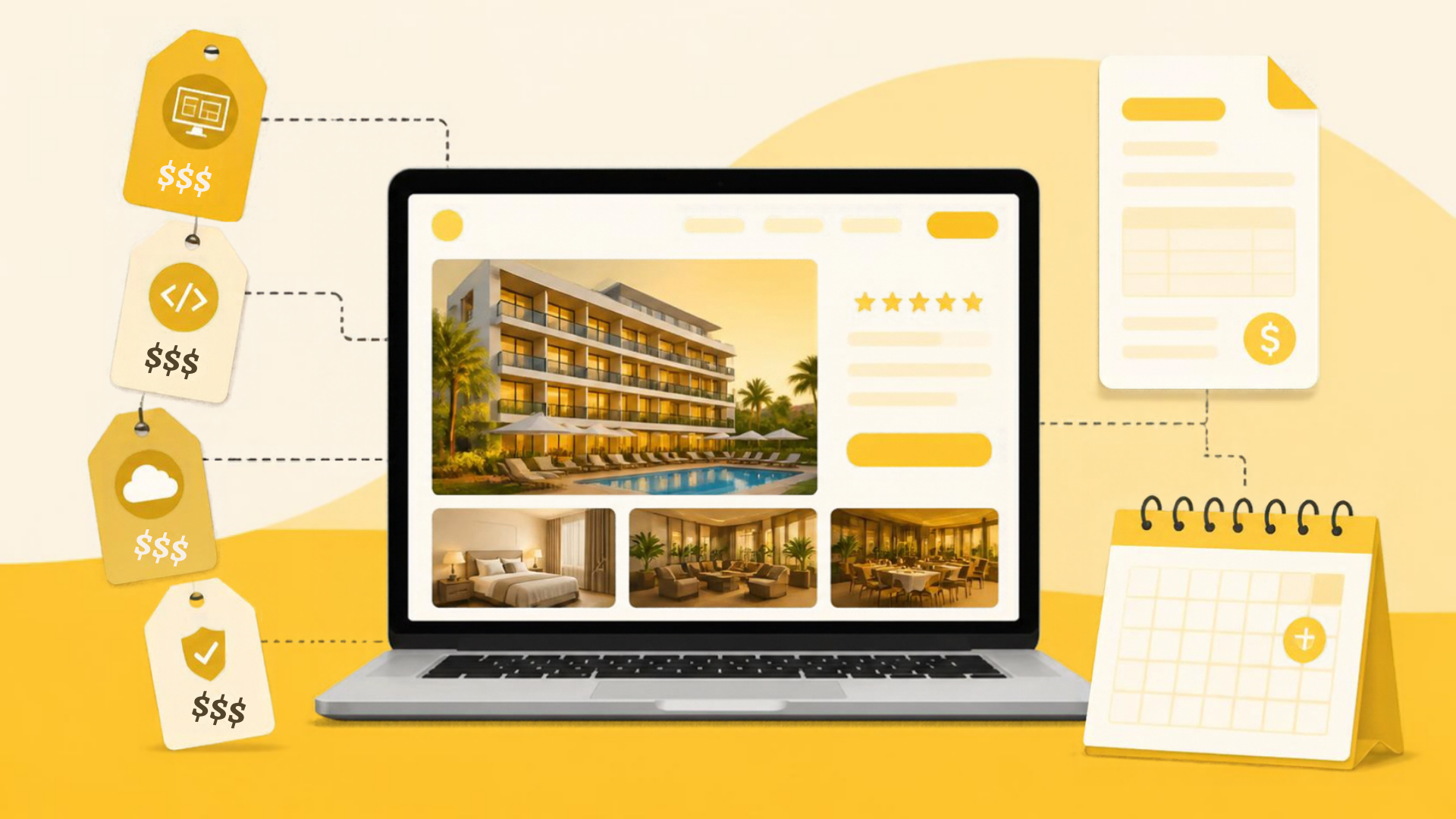 Ilustrasi komputer menampilkan website hotel di samping tag harga melayang, ikon struk, dan kalender kecil penanda perpanjangan tahunan