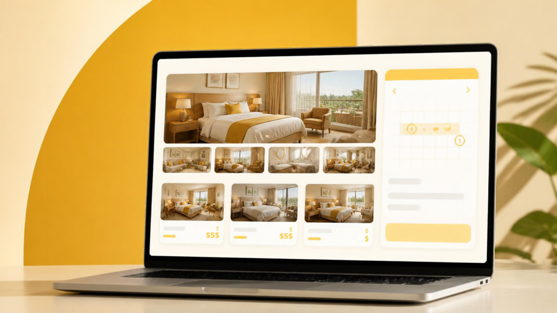 Ilustrasi antarmuka website hotel di layar laptop dengan grid galeri kamar, widget kalender booking, dan kartu tipe kamar lengkap dengan harganya