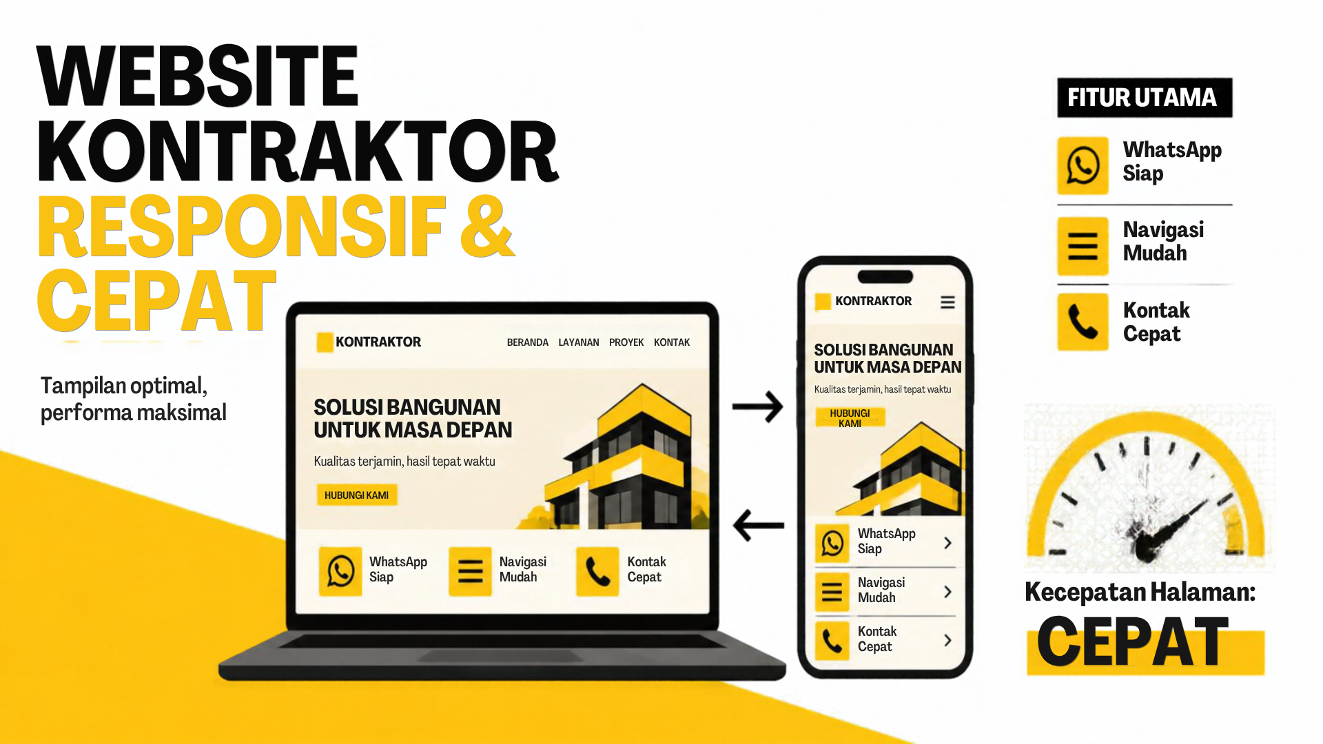 Ilustrasi website kontraktor yang tampil rapi di layar laptop dan ponsel dengan desain responsif