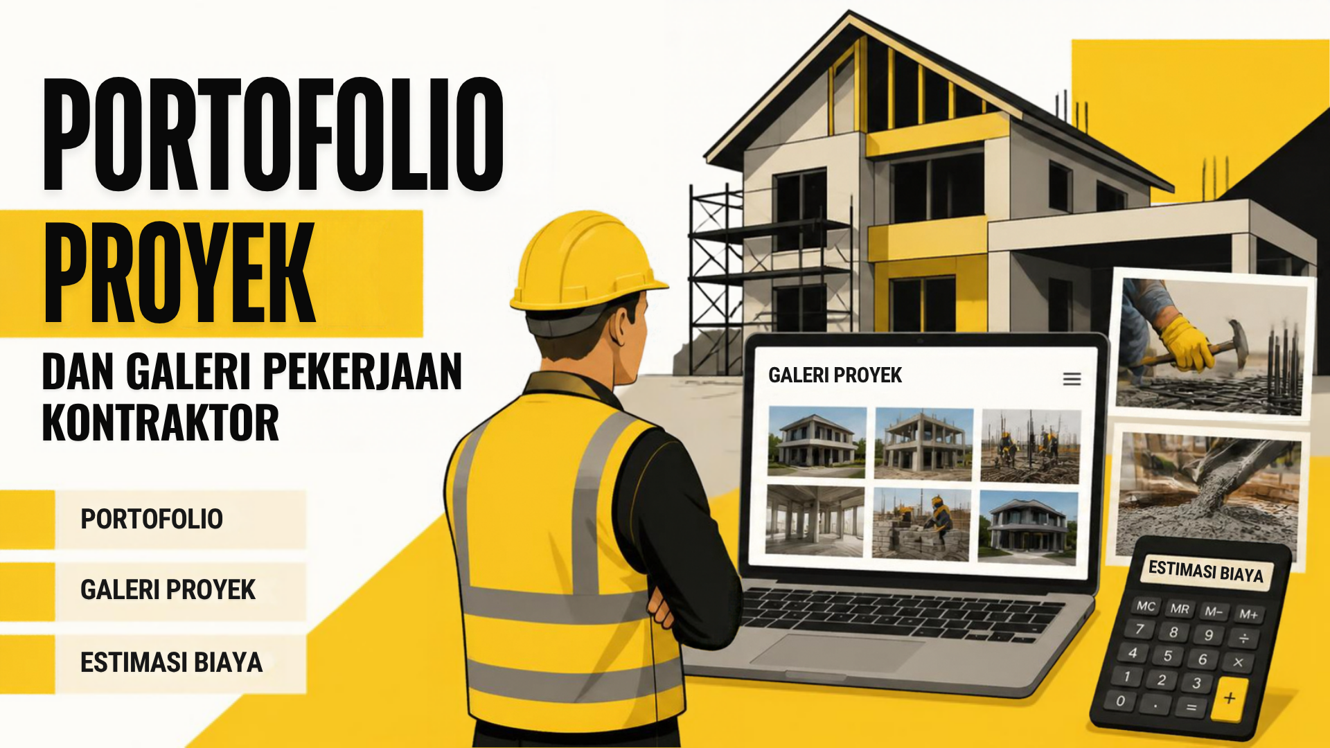 Ilustrasi galeri portofolio proyek kontraktor pada layar website, menampilkan foto bangunan per kategori pekerjaan