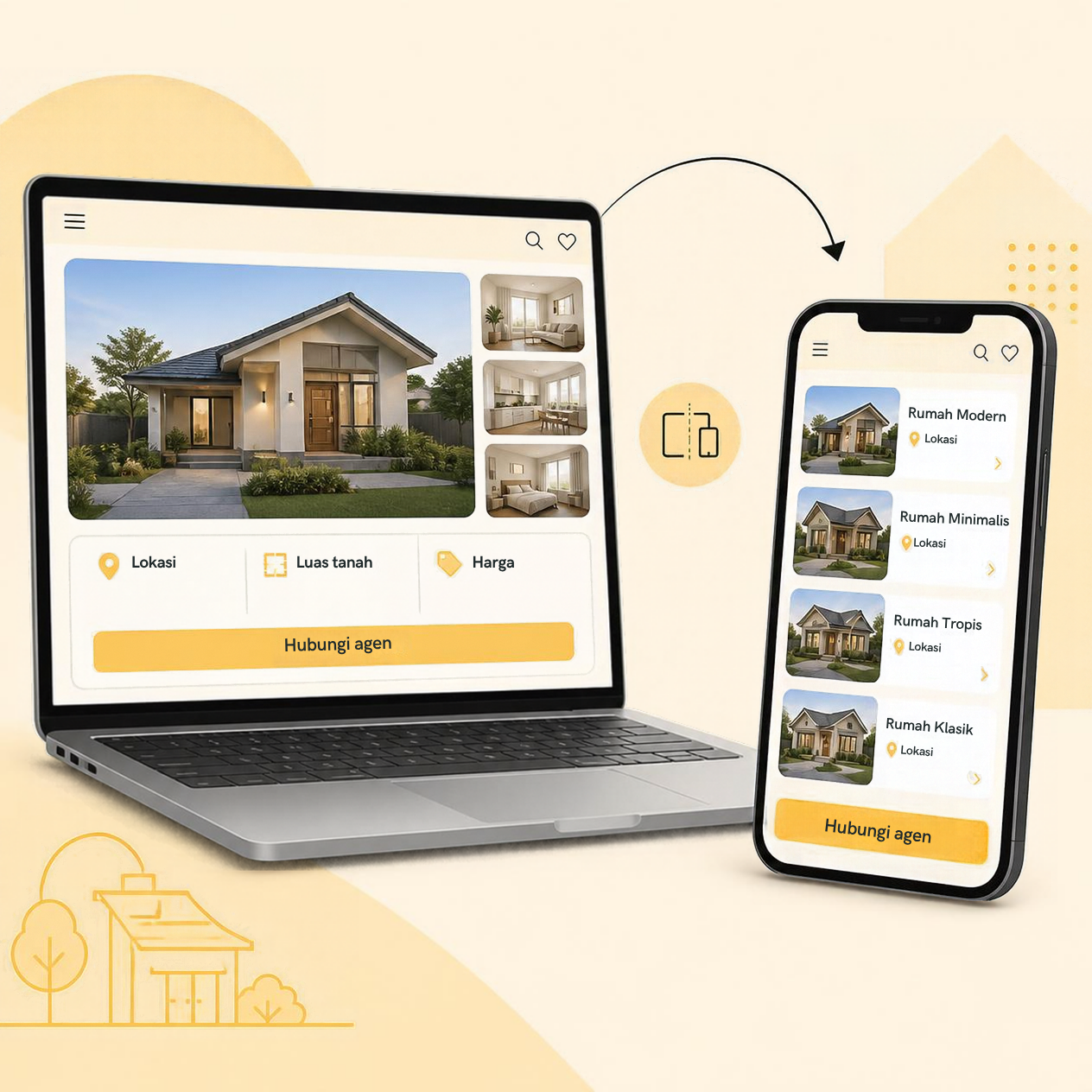 Ilustrasi website properti yang tampil rapi di layar laptop dan ponsel dengan desain responsif