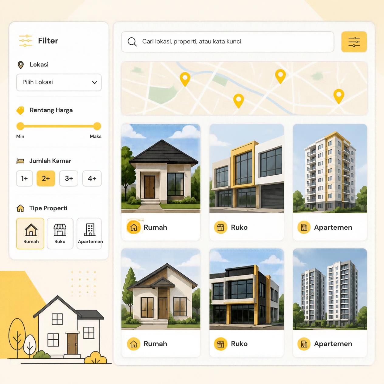 Ilustrasi panel filter properti di website agen, menampilkan pilihan lokasi, rentang harga, jumlah kamar, dan tipe properti di atas grid daftar rumah