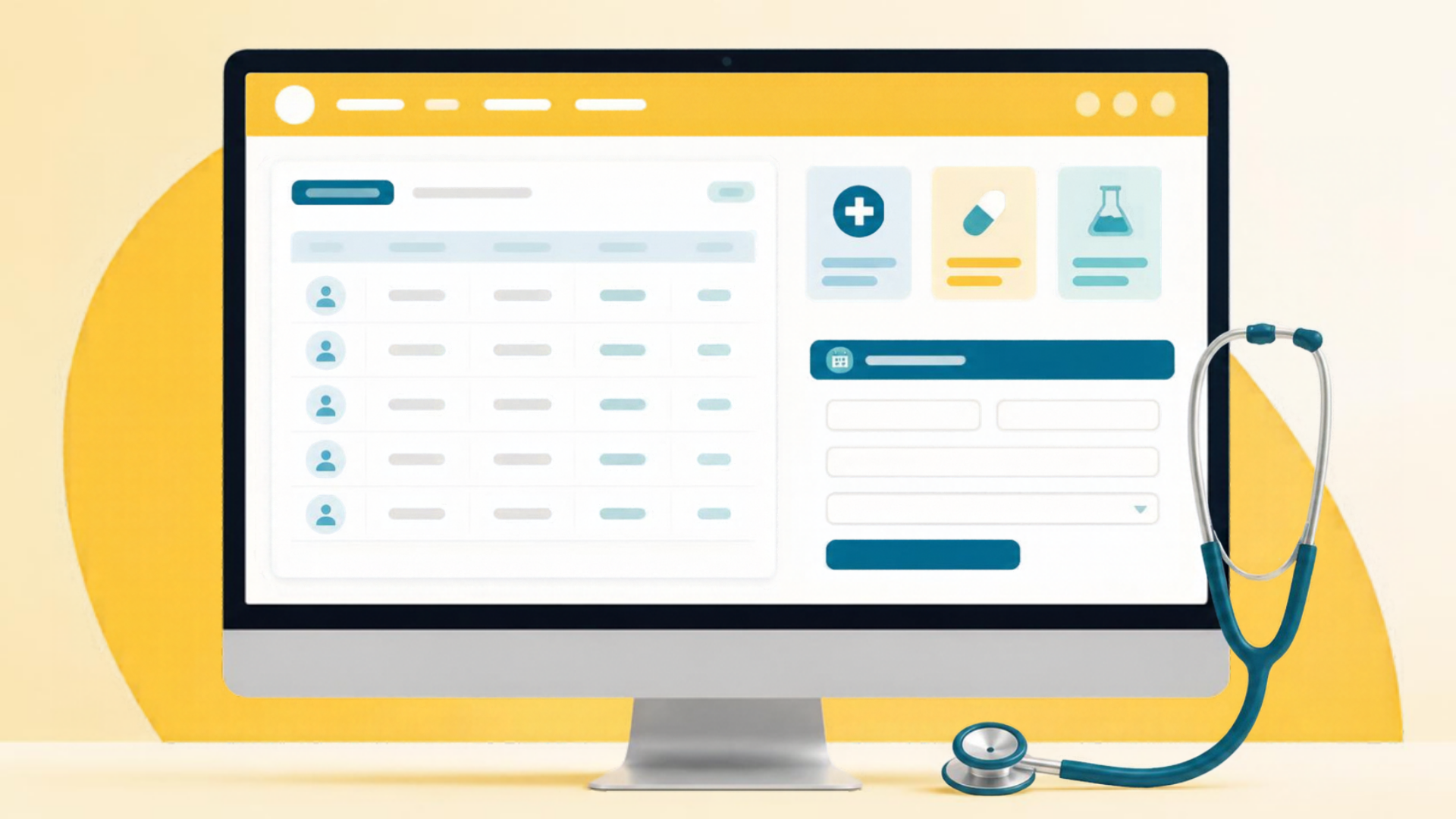 Ilustrasi antarmuka website rumah sakit di layar monitor dengan tabel jadwal dokter, kartu layanan unit, dan formulir pendaftaran janji temu online