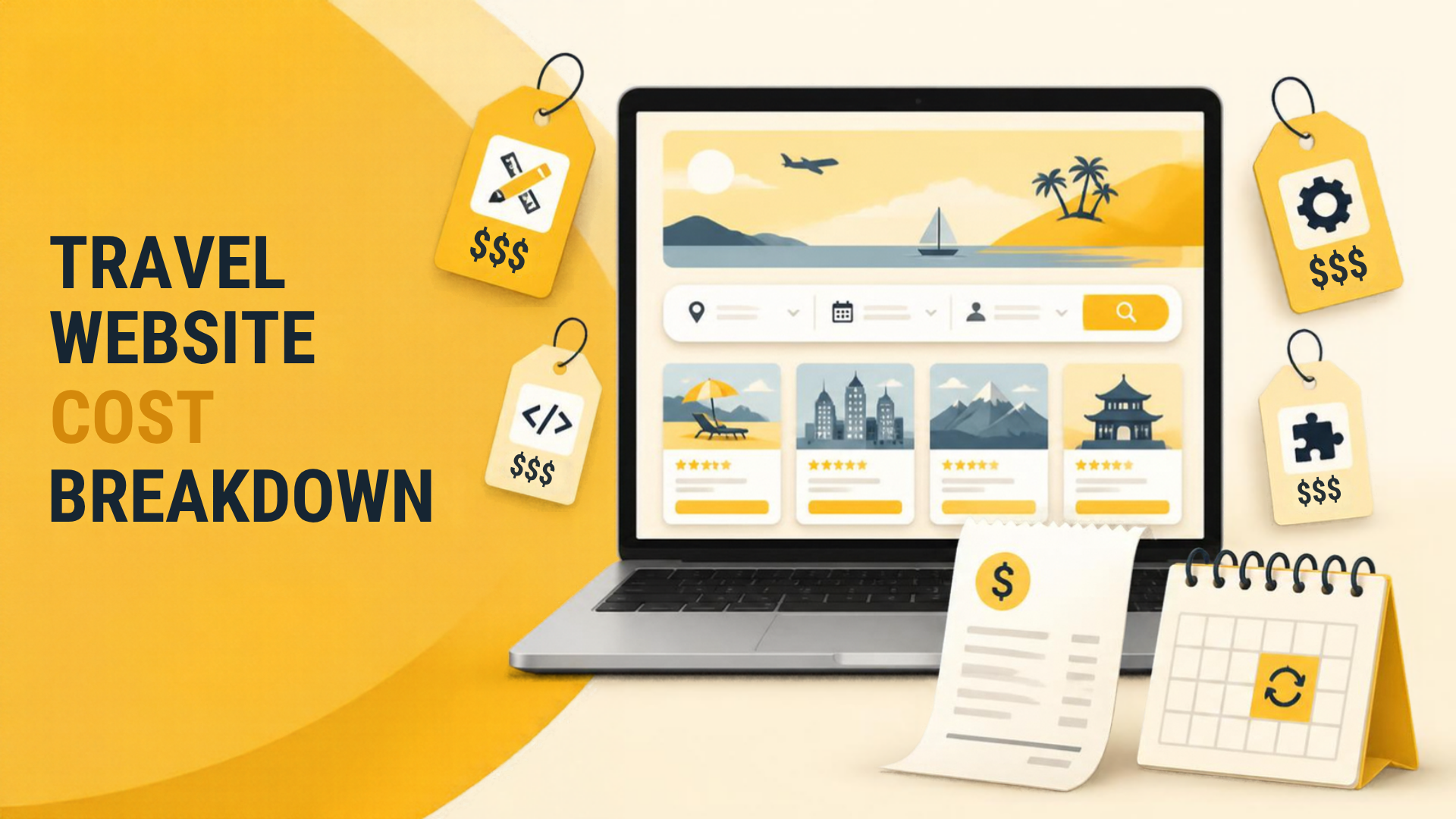 Ilustrasi laptop menampilkan situs booking travel di samping tag harga melayang, ikon struk, dan kalender penanda perpanjangan domain dan hosting tahunan