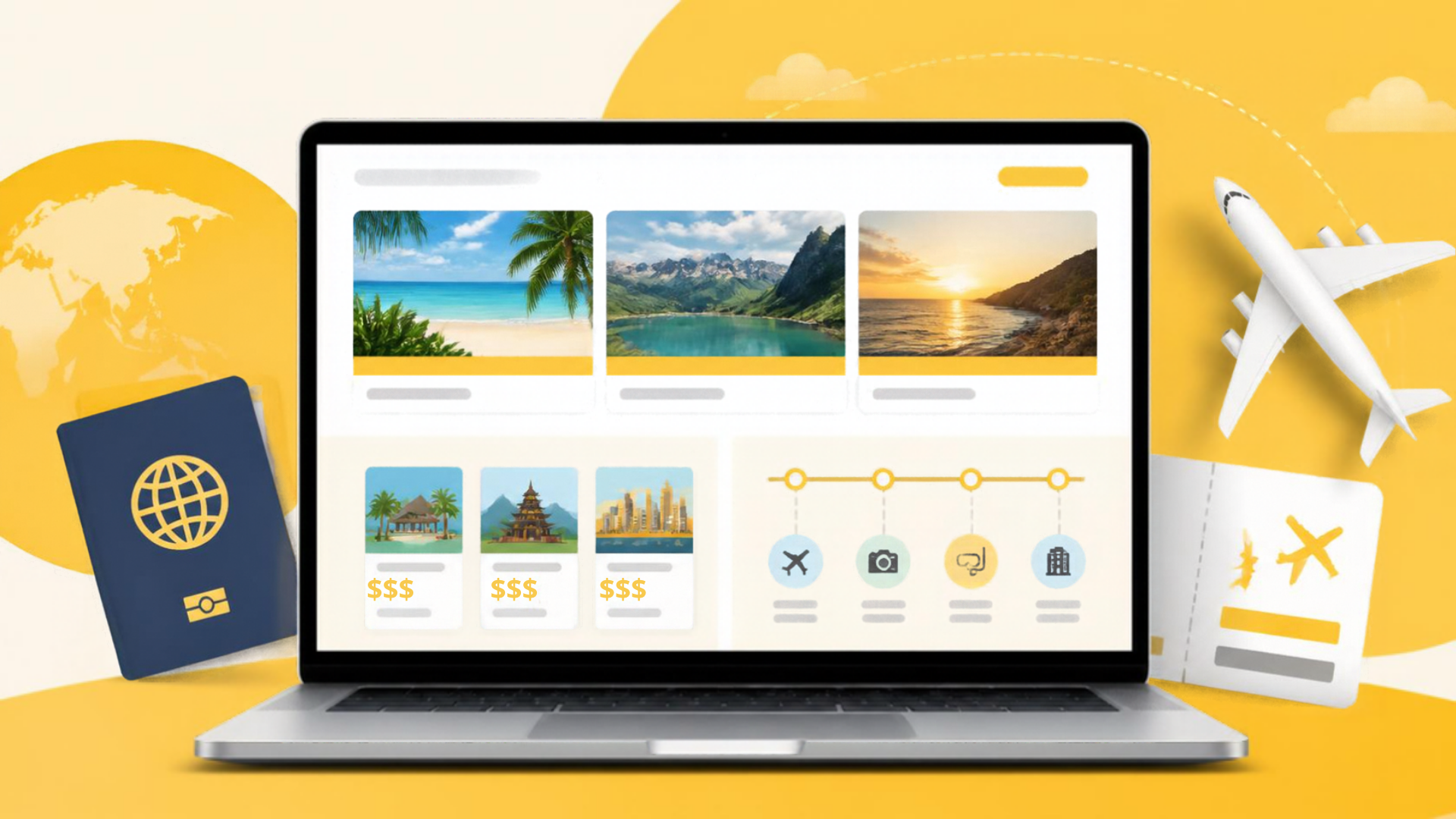 Ilustrasi antarmuka website travel di layar laptop dengan kartu destinasi berfoto, katalog paket wisata, dan garis waktu itinerary per hari